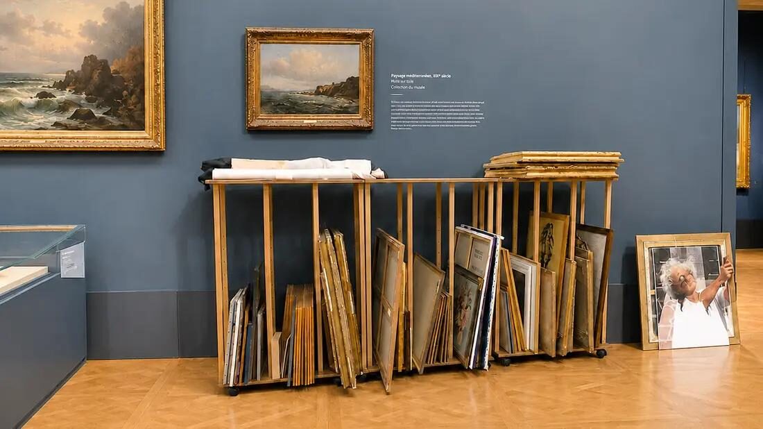 Chariots à toiles Auboi dans une salle de musée, tableaux encadrés rangés sur la tranche dans les râteliers