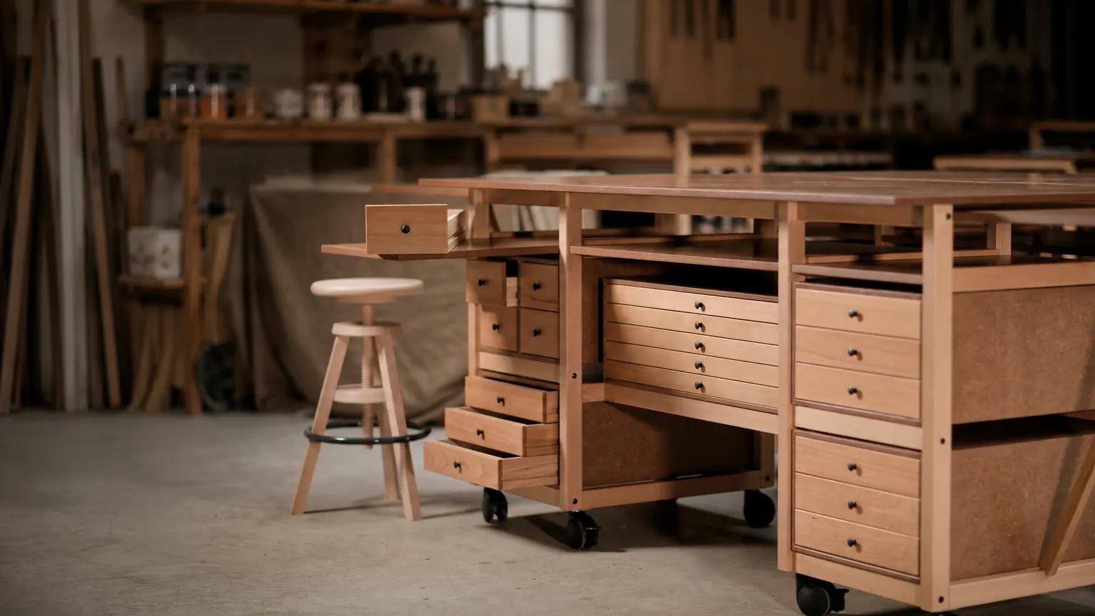 Table atelier Auboi tous tiroirs et tablettes sortis, tabouret accolé, dans un atelier d’ébéniste