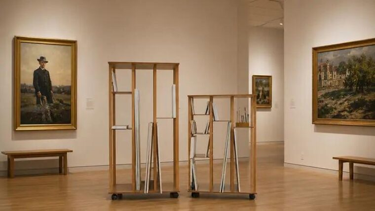 Salle de musée aux murs clairs : deux chariots à toiles Auboi au centre du parquet, tableaux encadrés rangés sur la tranche entre leurs montants