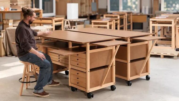 Un ébéniste assis à la Table Atelier, plateaux dépliés, dans l’atelier d’Auzebosc