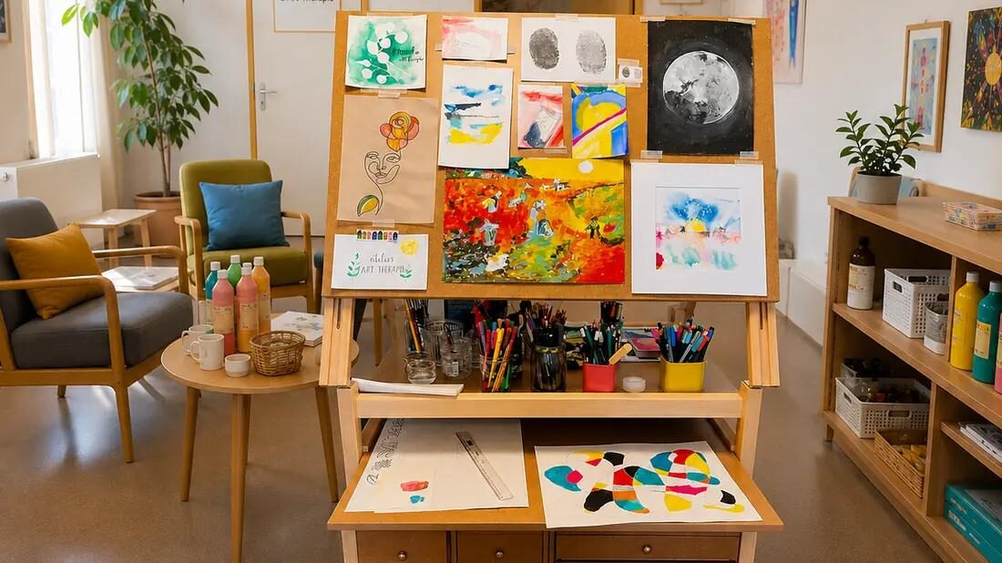 Salle d’art-thérapie du centre hospitalier de Loos : le meuble atelier mobile Auboi au centre de la pièce, tablette rabattue couverte de dessins, travaux des patients épinglés sur son panneau