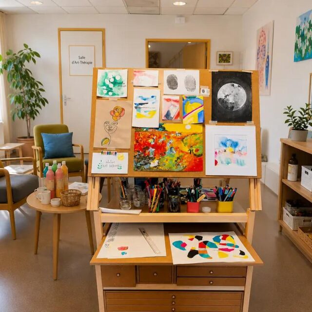 Salle d’art-thérapie du centre hospitalier de Loos : meuble atelier d’art Auboi au centre, dessins des patients épinglés sur son panneau