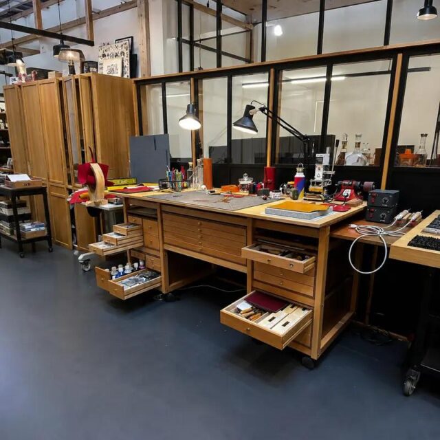 Atelier de maroquinerie Maison Camus : postes Auboi alignés devant les fenêtres, outils et cuirs sur les plateaux