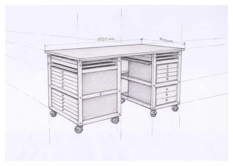 Croquis au crayon d’une Table Atelier sur roulettes, coté 1 950 mm de long et 930 mm de profondeur : deux caissons à tiroirs de part et d’autre d’un espace de jambes, sous un plateau plein
