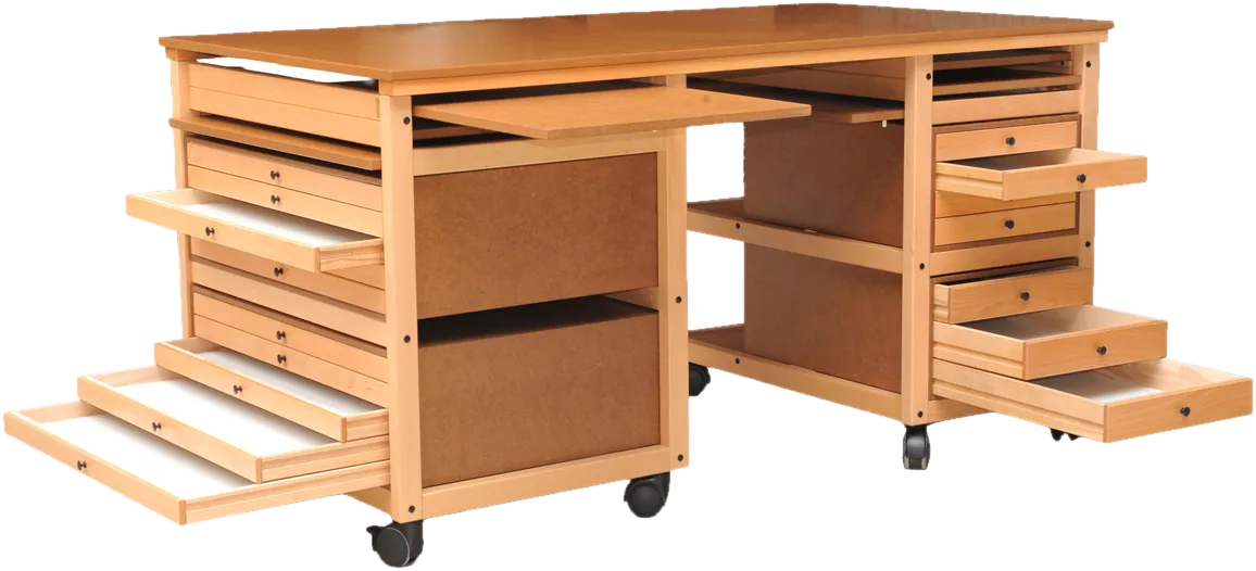 Meuble atelier couture, tous tiroirs et tablettes sortis : plans de travail escamotables et rangements sur trois hauteurs