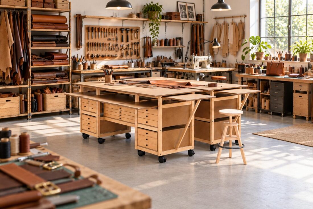 Aménager un espace de travail pour la maroquinerie avec des grandes tables atelier